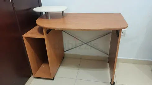 Compact wooden computer desk with raised shelf - good condition