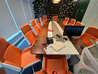 Wooden Conference Table with 12 Orange Chairs - Complete Meeting Room Set