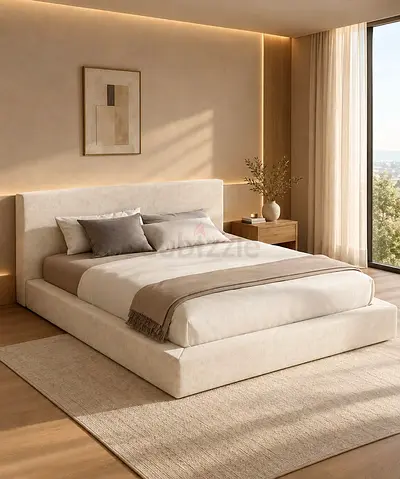 Low profile upholstered platform bed with headboard - neutral beige