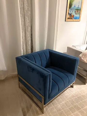 Blue Velvet Accent Armchair with Chrome Base