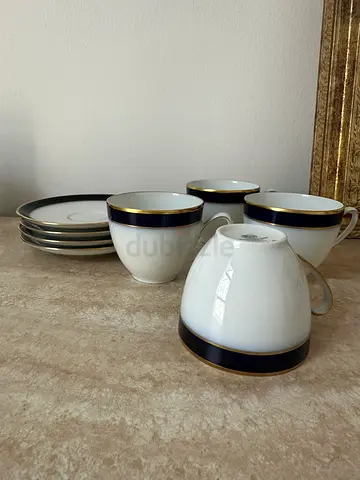 Vintage Hutschenreuther Germany Olivia 63 Cobalt Blue & Gold Cup Saucer Set of 4 Flawless