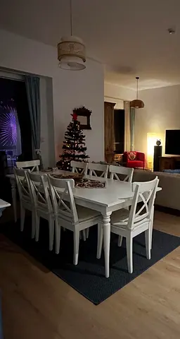 White Massiff Wooden Dining Table with 7 Chairs - Good Condition
