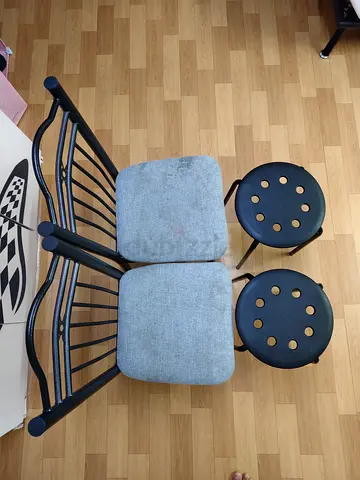 Set of 2 Dining Chairs with 2 Round ikea Stools - Black Frame, Light Grey Cushions