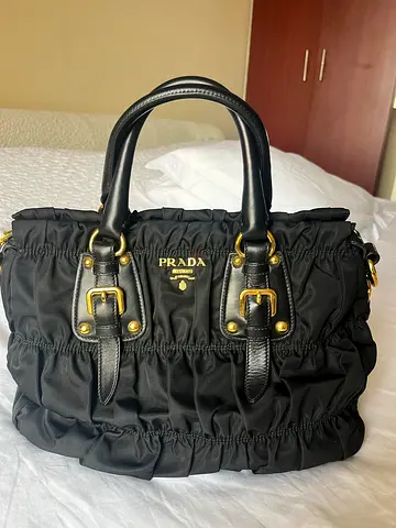 Prada Black Gaufer Ruched Tote Bag Nylon with Leather Handels- Excellent Condition