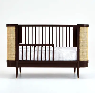 Crate & Barrel Dark Wood Convertible Baby Crib with Rattan Accents - New