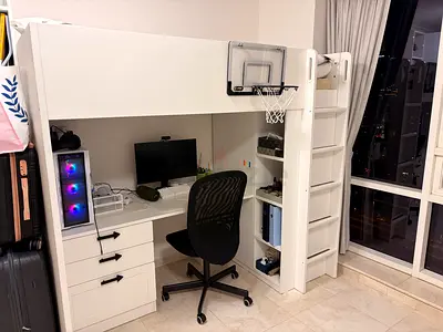 IKEA White loft bed with built-in desk, shelves and drawers (single) - good condition