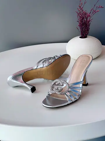 Silver Gucci Crystal Logo Heeled Sandals - Size Visible on Request