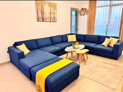 Home Center Larges L-shaped Navy Blue Modular Sofa Corner with Storage Unit — Good Condition