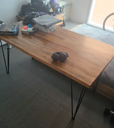 Solid wood dining/work table with metal hairpin legs