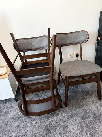 Set of 3 wooden dining chairs with grey upholstered seats