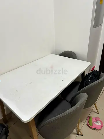 White Dining Table with 3 Grey Fabric Chairs (Set)