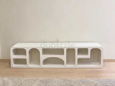 Modern White Low TV Unit / Storage Shelf with Curved Open Compartments