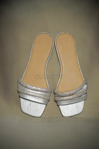 Silver slip-on sandals with rhinestone straps, size. EU 38