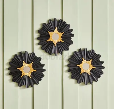 Set of 3 Decorative Black & Gold Wall Accents - Floral Sunburst Design: 25cm