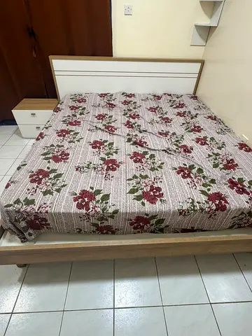Double bed frame with headboard, mattress and bedside table - good condition