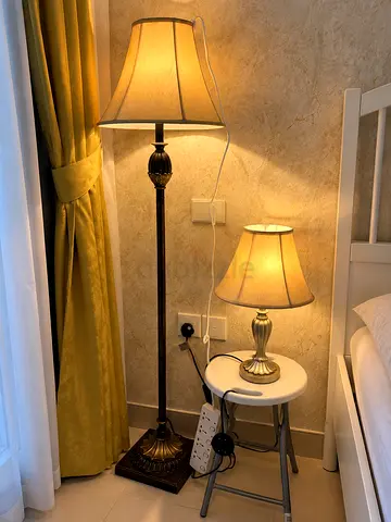 2 Pair of classic floor and table lamps with beige shades