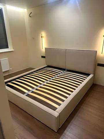 Queen upholstered bed frame with headboard - beige, good condition