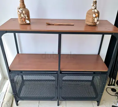 Industrial metal shelving unit with wooden top - 2-tier storage