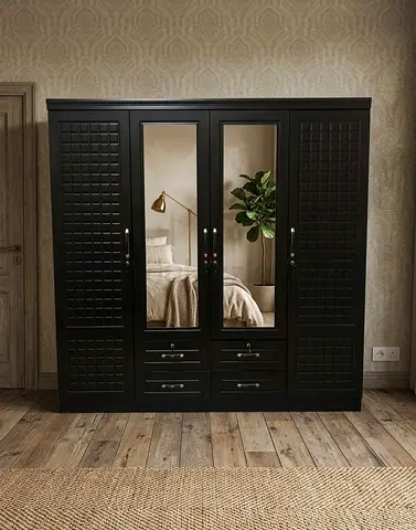 Large Black 4-Door Wardrobe with Mirror and Drawers