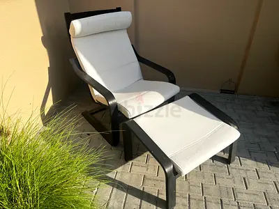IKEA POÄNG Armchair + Footstool – Black-Brown Frame, Off-White Cushions