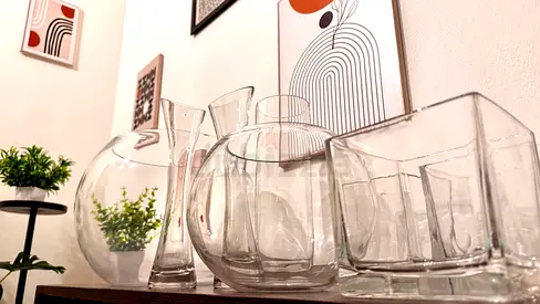 Set of 8 Decorative Clear Glass Vases and Bowls - Various Sizes
