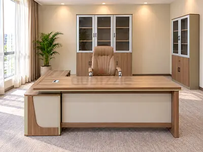 Oak + Khaki Office Set – Executive Table, High Back Chair & Bookshelf