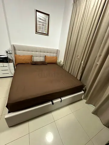 King size upholstered bed frame with padded headboard - beige and Luxury Mattress