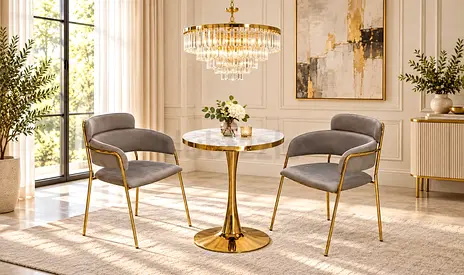 Luxury 2 Seater Dining Table Set – Round Table with Grey Velvet Chairs