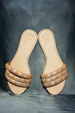 Beige Slip-on Women's Sandals with Beaded Straps, Size 39