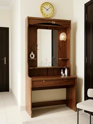 Wooden Dressing Table with Mirror and Drawers - Walnut Finish