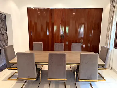 EXCELLENT CONDITION- PAN EMIRATES Grey & Gold Dining Table with 8 Matching Chairs