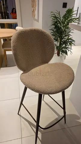 3 Beige boucle bar stool with backrest - sturdy metal legs