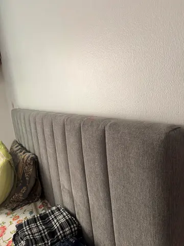 Grey upholstered King size bed with mattress - good condition
