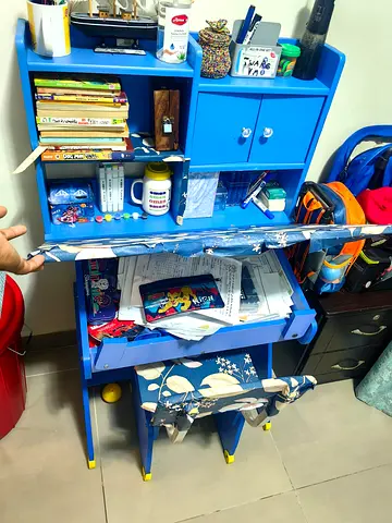 Blue kids study desk with chair and storage - used