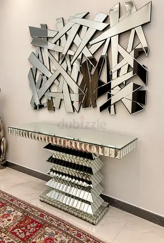 Mirrored Console Table with Decorative Geometric Wall Mirror - Like New