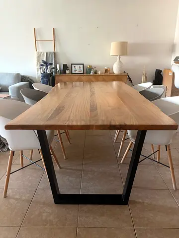 Solid Wood Dining Table with Black Metal Legs - Seats 6 with bench  and chairs can go free