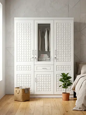 White 3-Door Wardrobe with Central Glass Panel — brand new