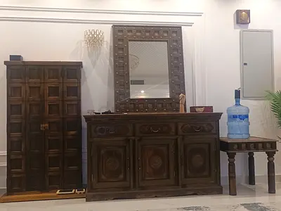 Solid Carved Wooden Sideboard with Matching Mirror and Cabinet