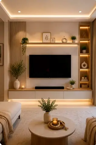 Built-in TV Entertainment Unit with LED Shelves - Modern Wall System
