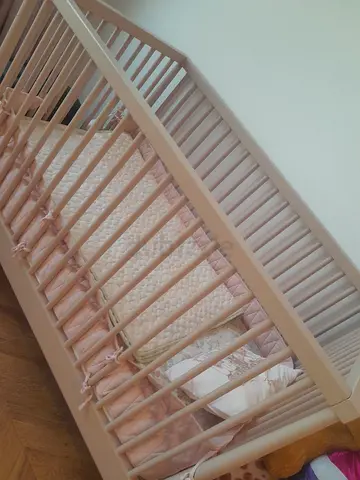 Wooden Baby Crib with Mattress -Light Pink/Beige