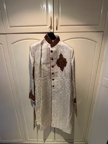 Traditional men's sherwani - cream with brown embroidery, size/L