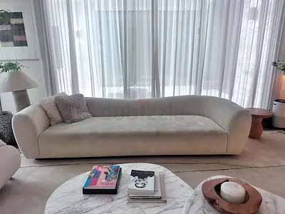 Custom-Made Curved Sofa | 290 cm | Light Neutral Fabric