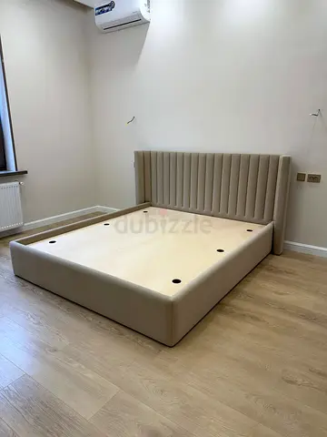 Beige Upholstered Platform Bed Frame with Padded Headboard