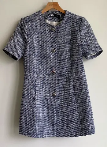 Zara Blue Tweed Short-Sleeve Coat Dress - Size L