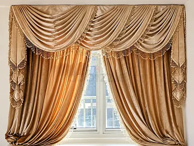 Luxury Classic Gold Curtains with Elegant Valance & Tassels for Sale