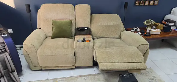 Beige 2-Seater Recliner Sofa with Center Console - Comfortable, Good Condition