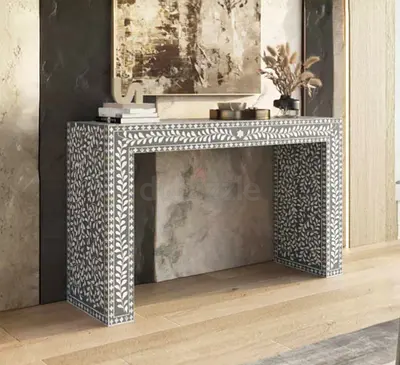 Console Table - Bone Inlay, Black, Floral Design. 150 cm