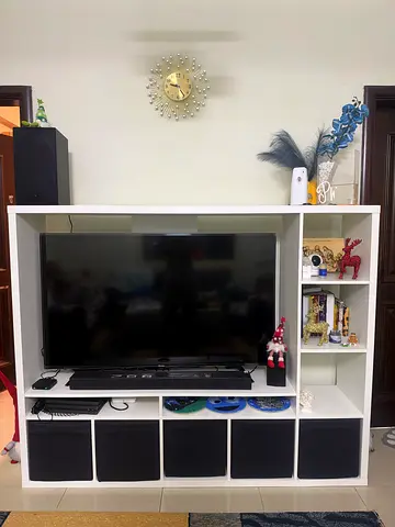 White modular entertainment TV unit with 9 cubby storage