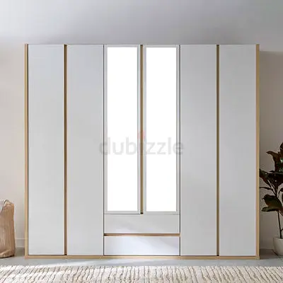 Modern 6-Door Wardrobe with Mirror and Drawer — White Oak Finish