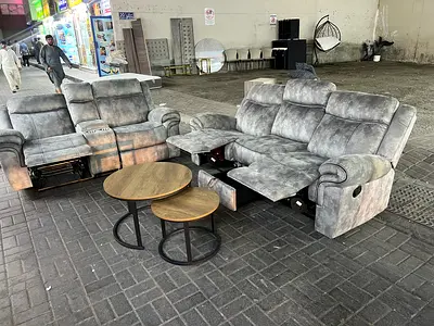 Grey 3-seater and 2-seater reclining sofa set with nesting coffee tables